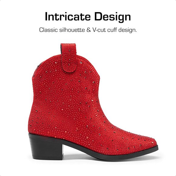 ⚡Girls Red Cowgirl Rhinestone Zipper Boots Ankle Low Heel Dress Booties - Picture 2 of 5